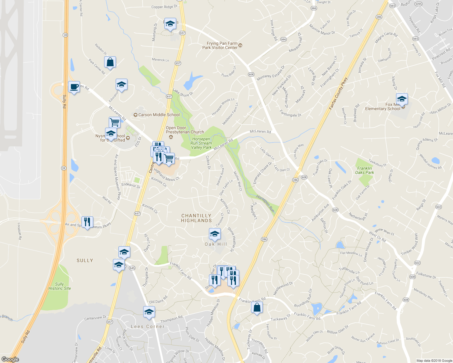 map of restaurants, bars, coffee shops, grocery stores, and more near 13316 Glen Taylor Lane in Herndon