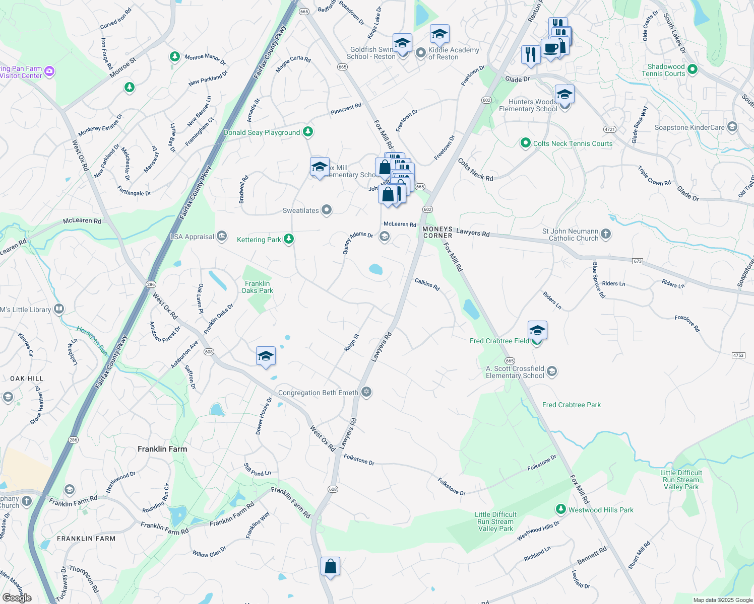 map of restaurants, bars, coffee shops, grocery stores, and more near 2755 Viking Drive in Herndon