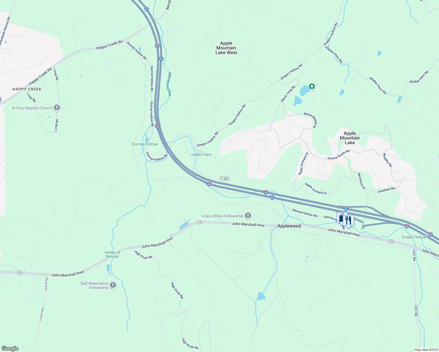 map of restaurants, bars, coffee shops, grocery stores, and more near 173 Gap Road in Front Royal