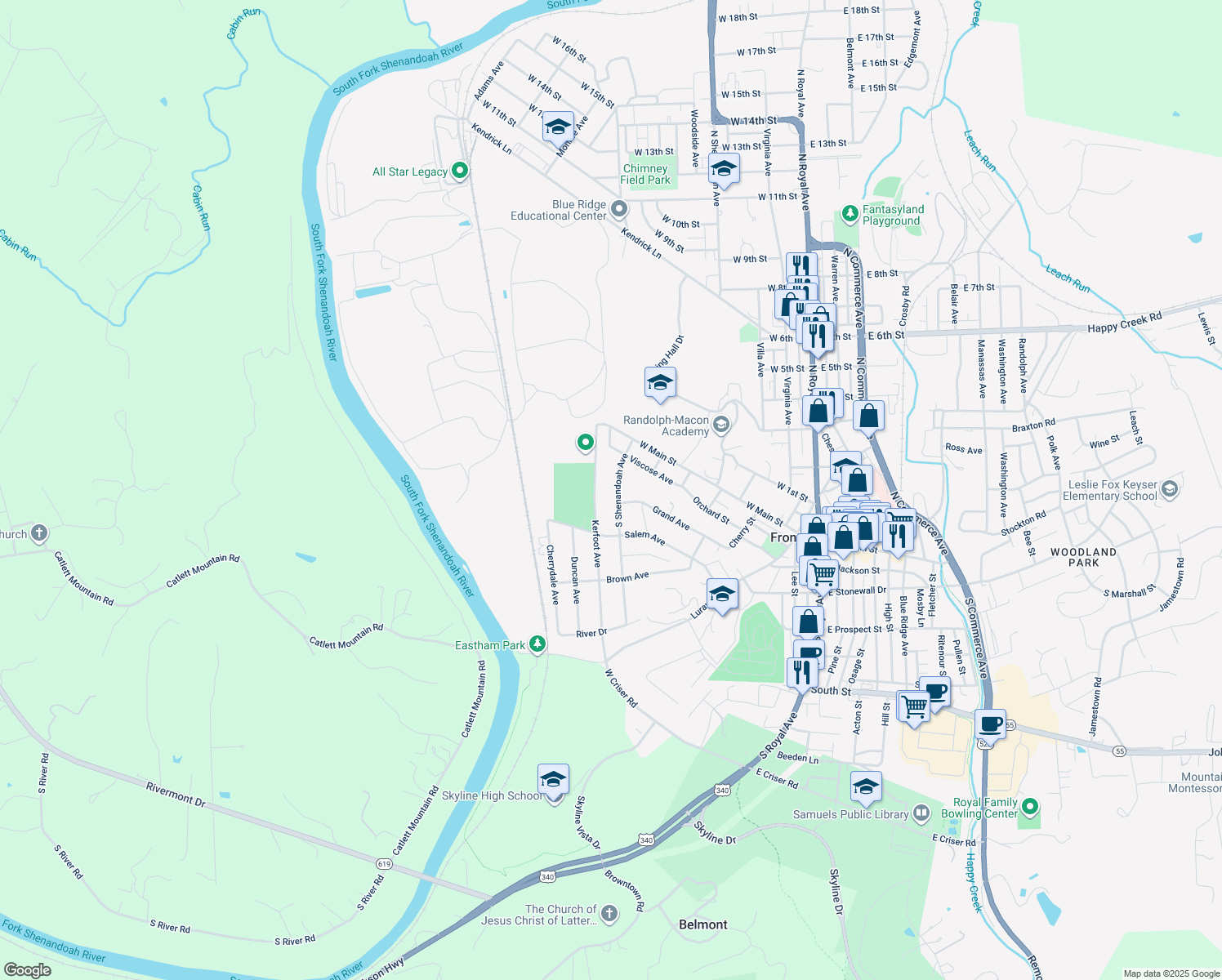 map of restaurants, bars, coffee shops, grocery stores, and more near 121 South Shenandoah Avenue in Front Royal