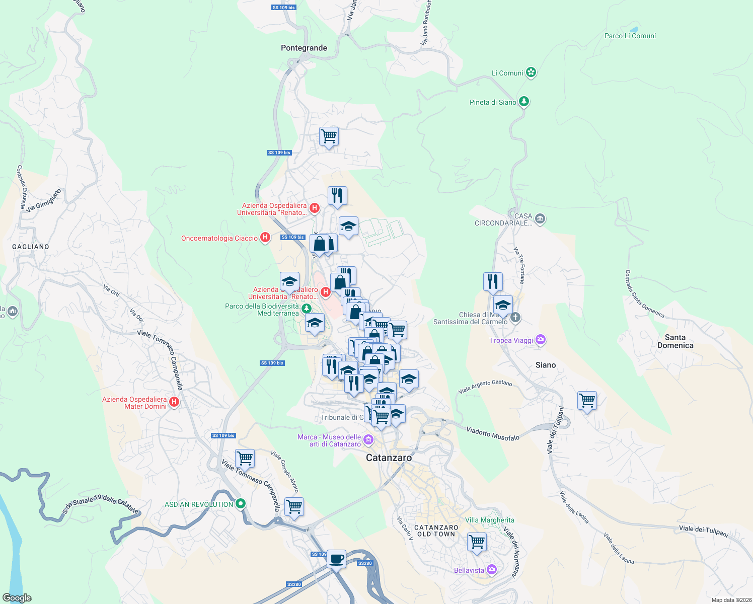 map of restaurants, bars, coffee shops, grocery stores, and more near 43 Via Francesco Paglia in Catanzaro