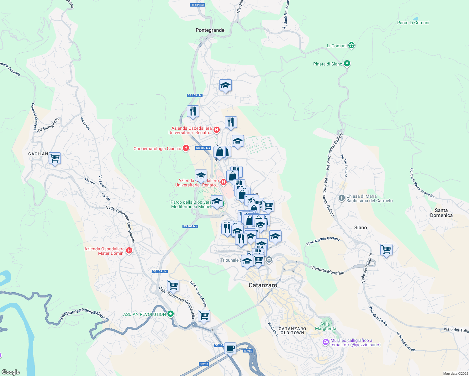 map of restaurants, bars, coffee shops, grocery stores, and more near Via Martiri di Gerace 1847 in Catanzaro