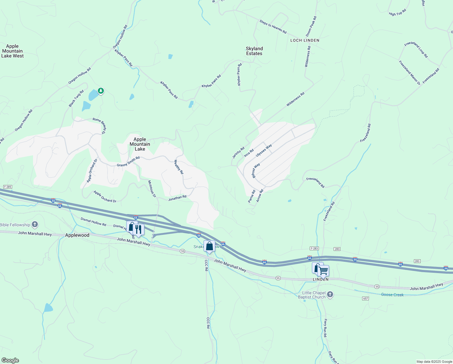map of restaurants, bars, coffee shops, grocery stores, and more near 1195 Granny Smith Road in Apple Mountain Lake