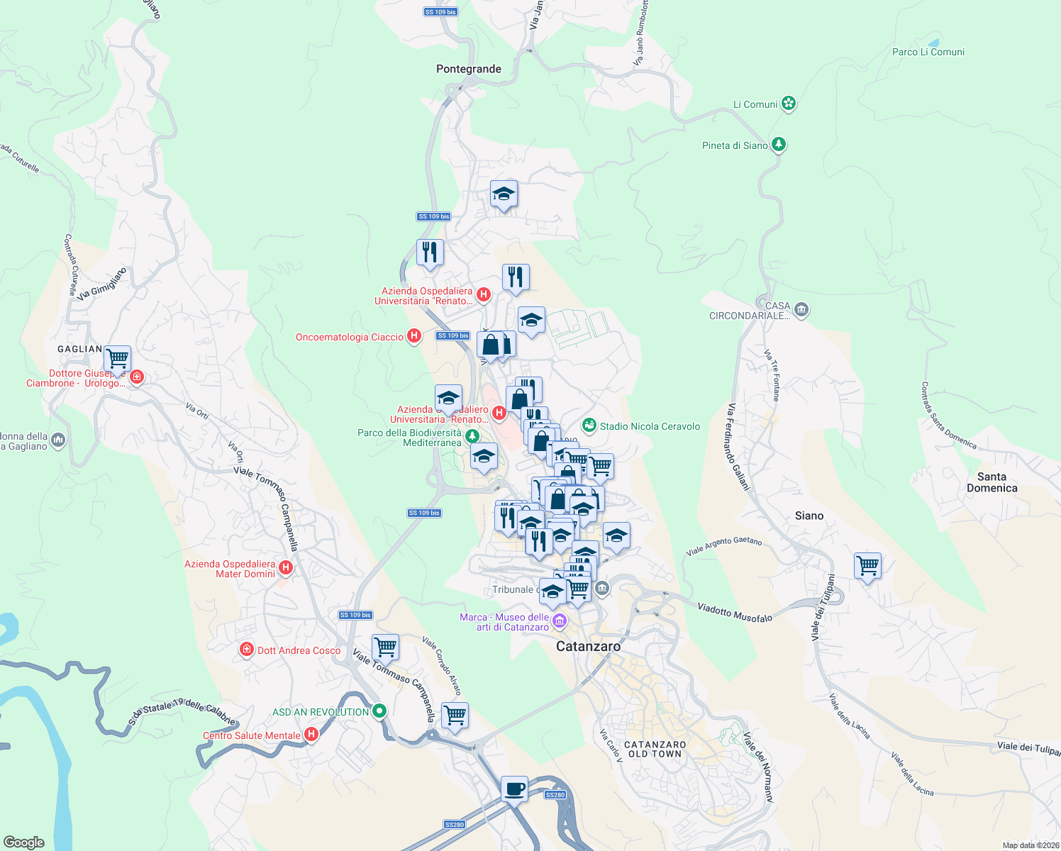 map of restaurants, bars, coffee shops, grocery stores, and more near Via Martiri di Gerace 1847 in Catanzaro