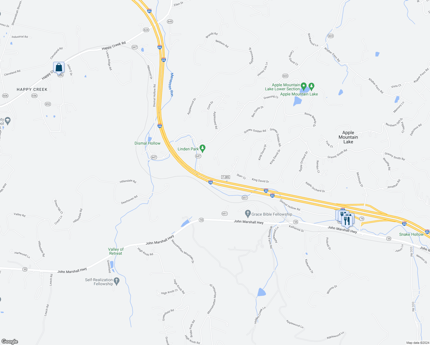 map of restaurants, bars, coffee shops, grocery stores, and more near 103 Gap Road in Front Royal