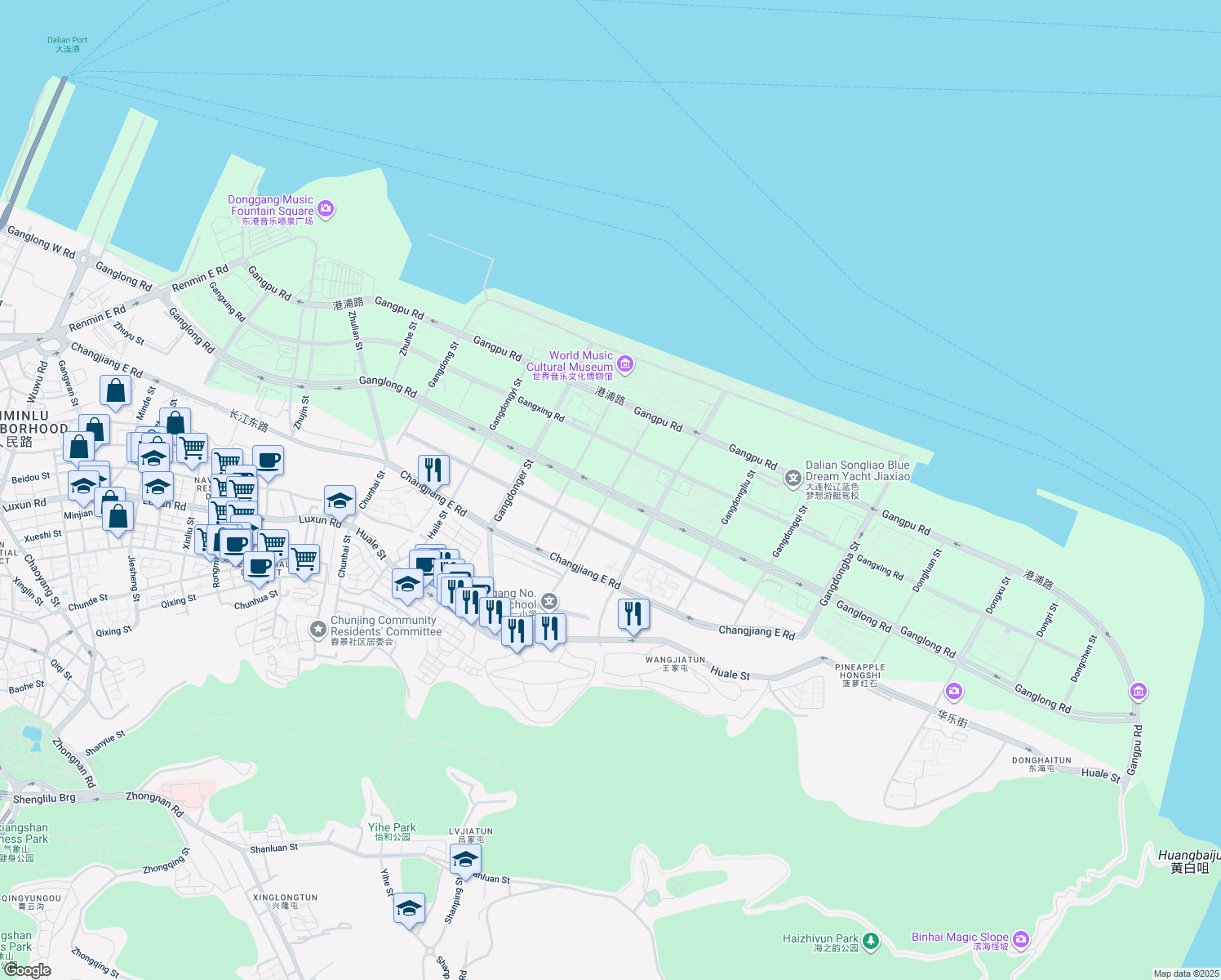 map of restaurants, bars, coffee shops, grocery stores, and more near Gang Long Lu in Da Lian Shi