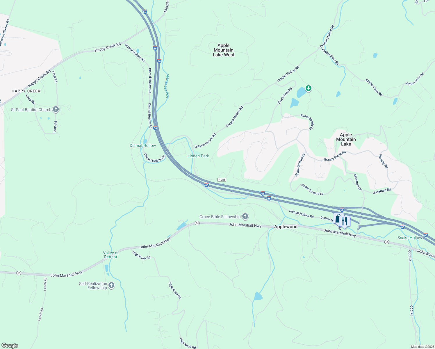 map of restaurants, bars, coffee shops, grocery stores, and more near 173 Gap Road in Front Royal