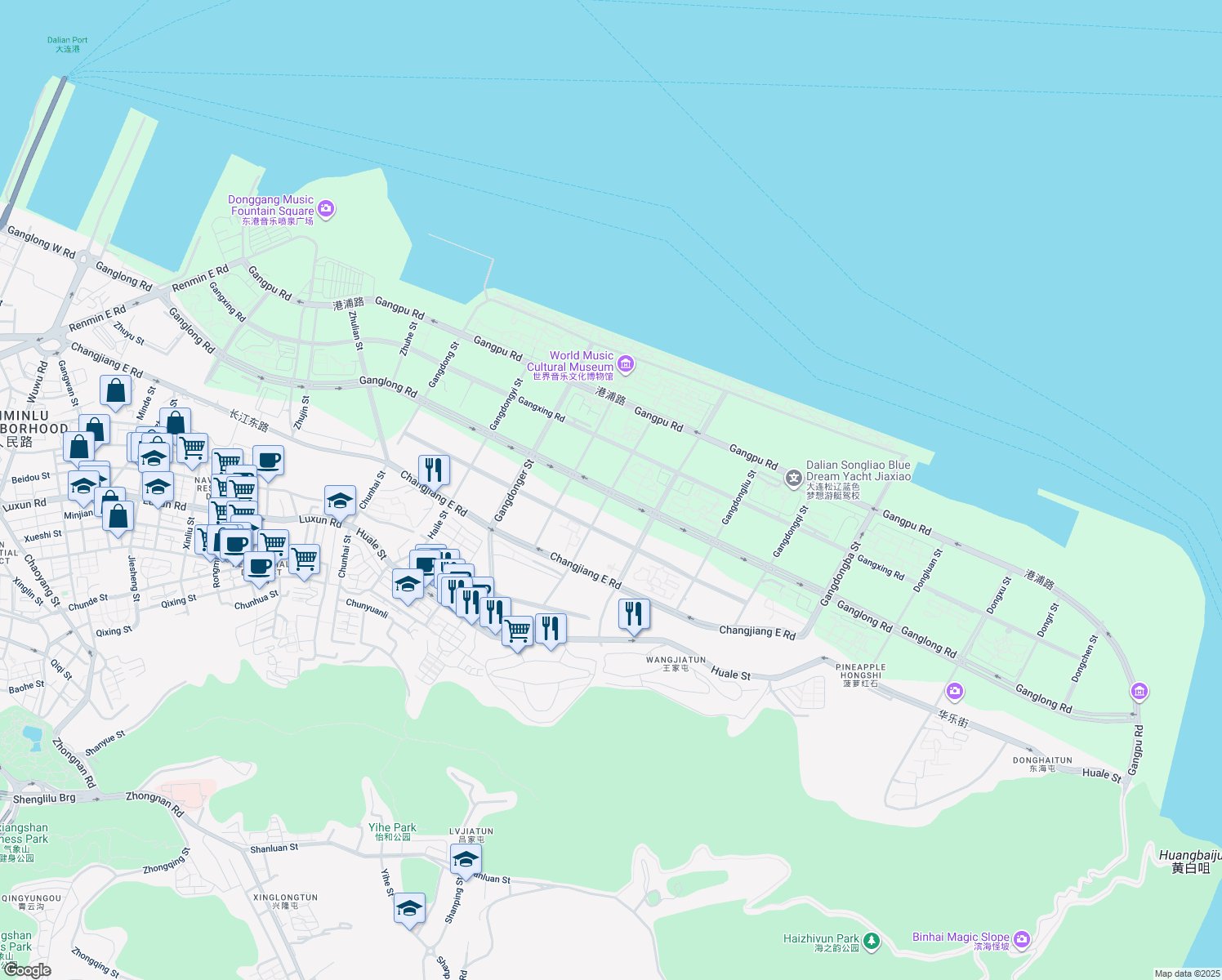 map of restaurants, bars, coffee shops, grocery stores, and more near Gang Long Lu in Da Lian Shi