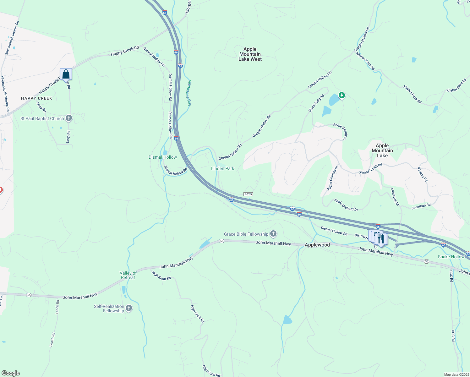map of restaurants, bars, coffee shops, grocery stores, and more near 103 Gap Road in Front Royal