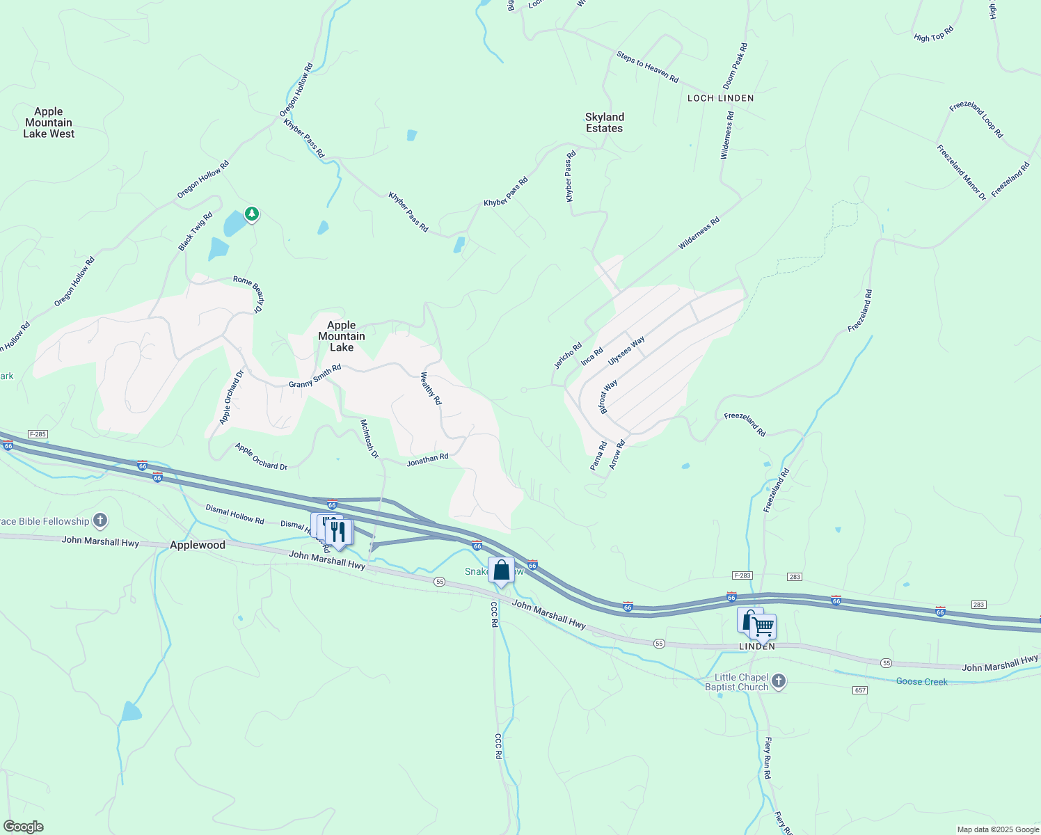 map of restaurants, bars, coffee shops, grocery stores, and more near Granny Smith Road in Linden