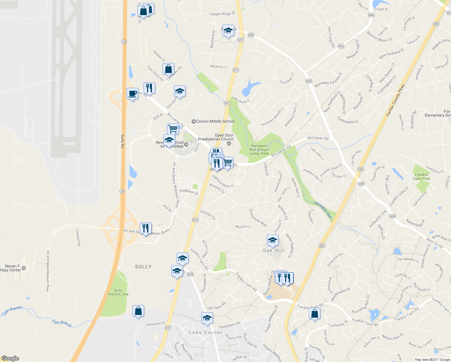 map of restaurants, bars, coffee shops, grocery stores, and more near 13578 Highland Mews Court in Herndon