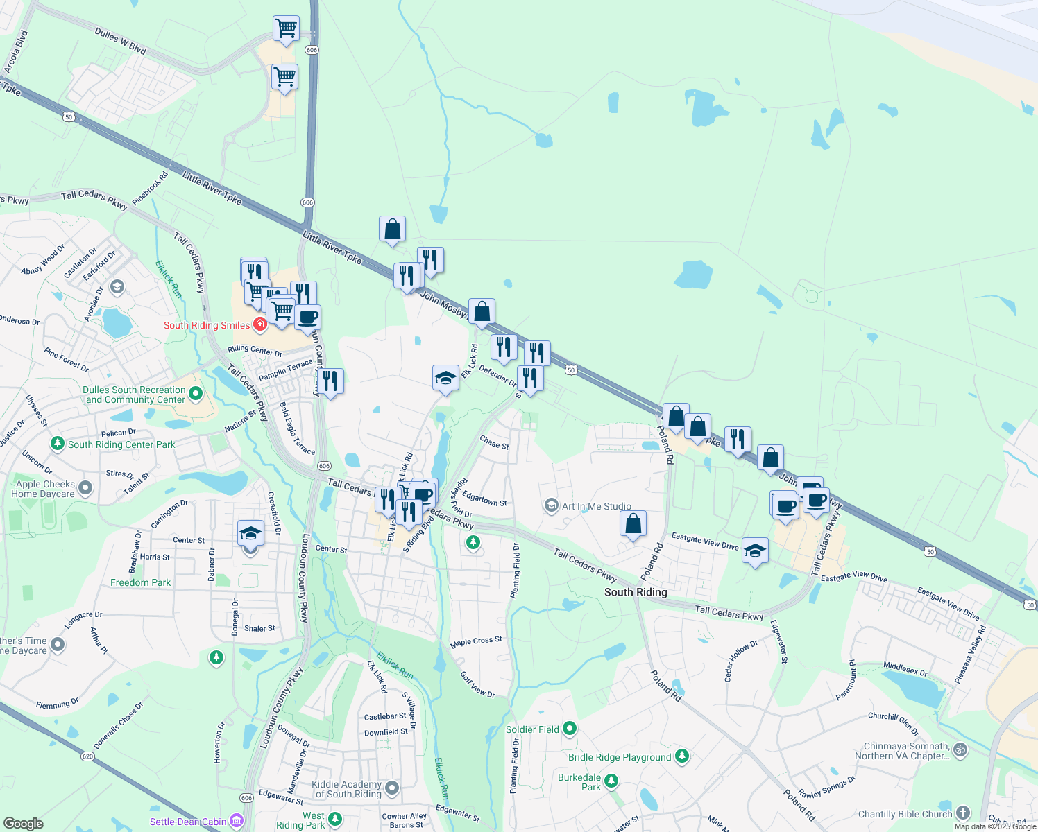 map of restaurants, bars, coffee shops, grocery stores, and more near 25180 Planting Field Drive in Chantilly