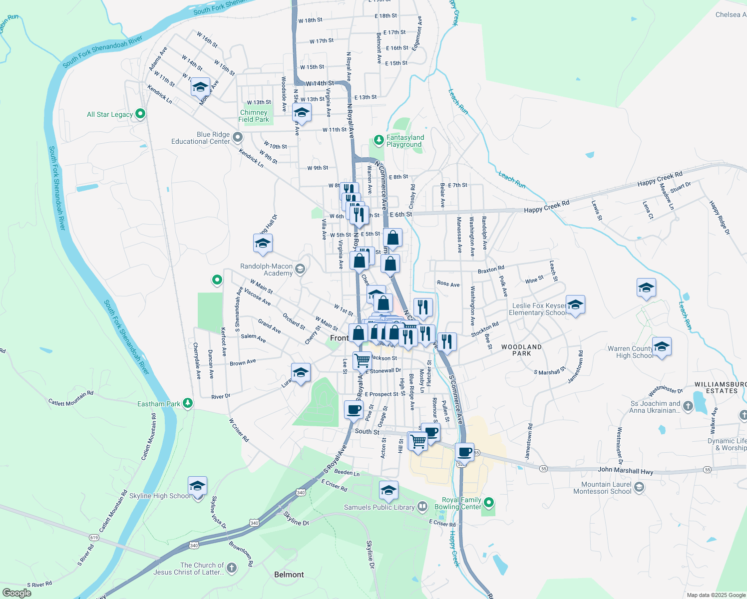 map of restaurants, bars, coffee shops, grocery stores, and more near 140 Chester Street in Front Royal