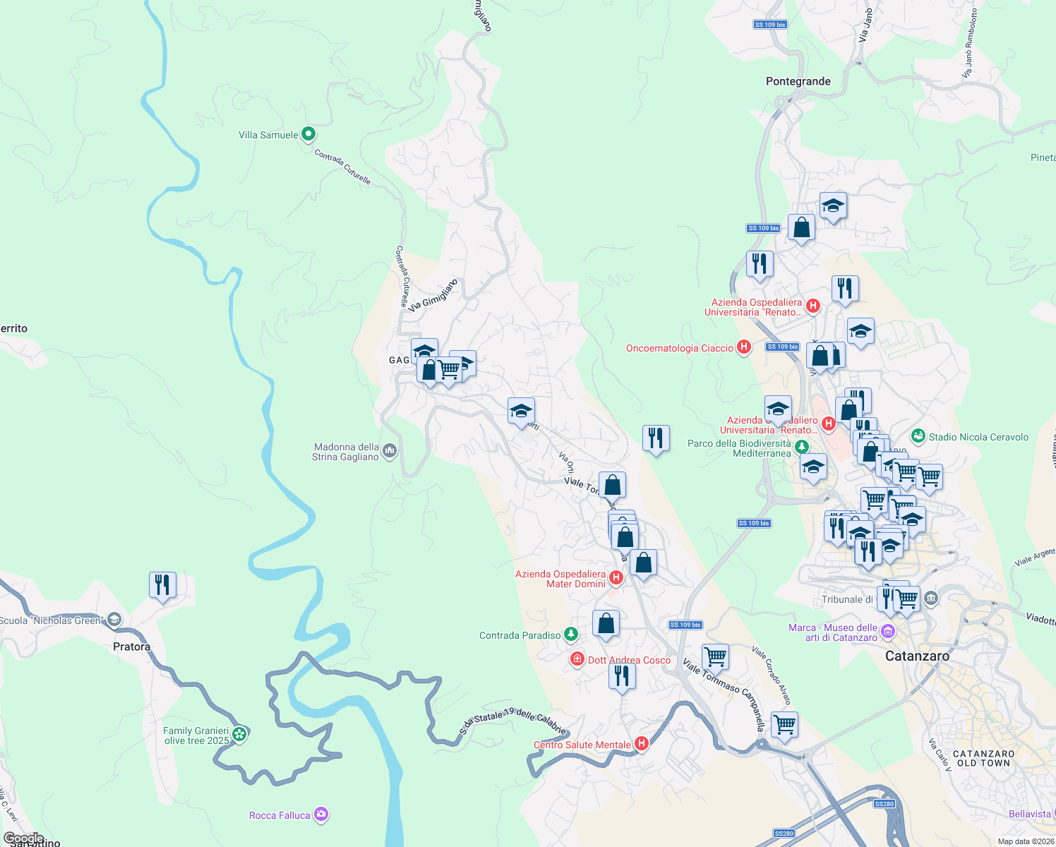 map of restaurants, bars, coffee shops, grocery stores, and more near 70 Via Orti in Catanzaro