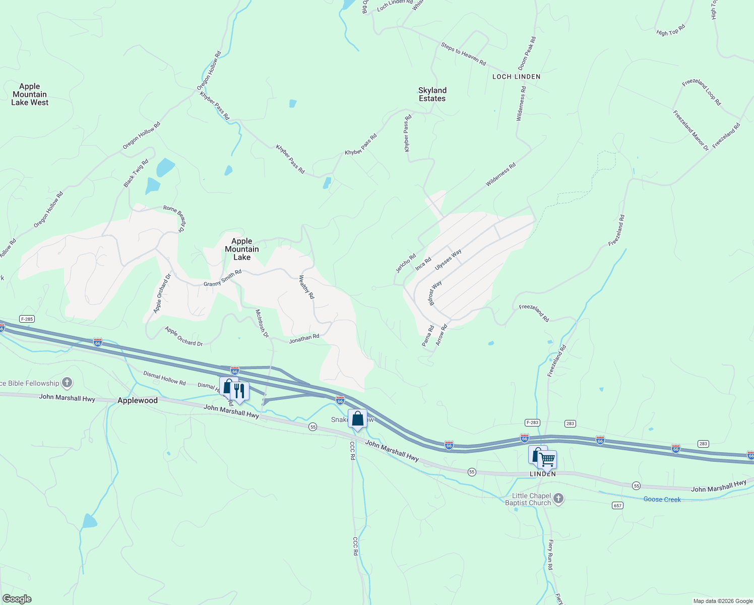 map of restaurants, bars, coffee shops, grocery stores, and more near 1157 Granny Smith Road in Linden