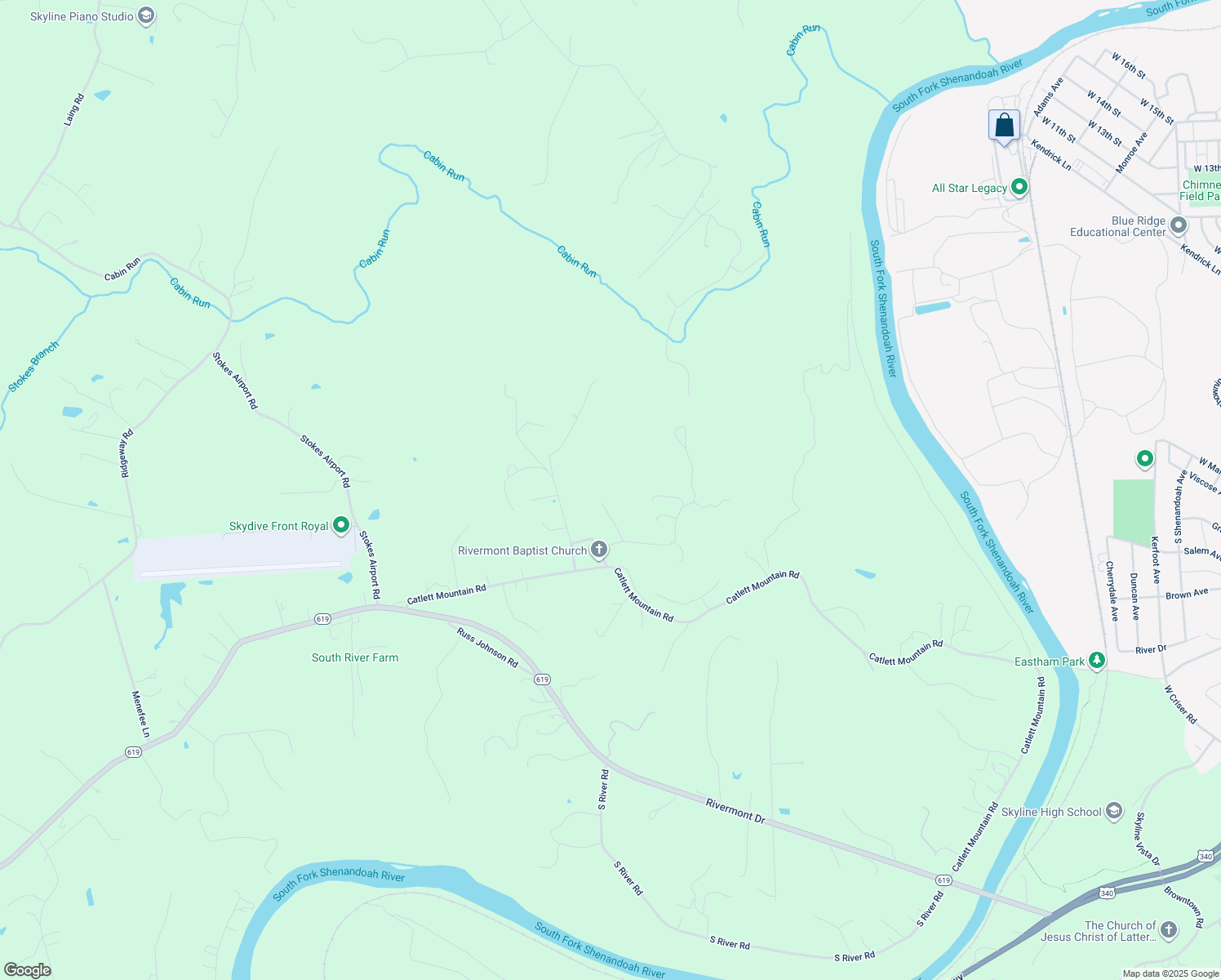 map of restaurants, bars, coffee shops, grocery stores, and more near 128 Wagoner Drive in Front Royal