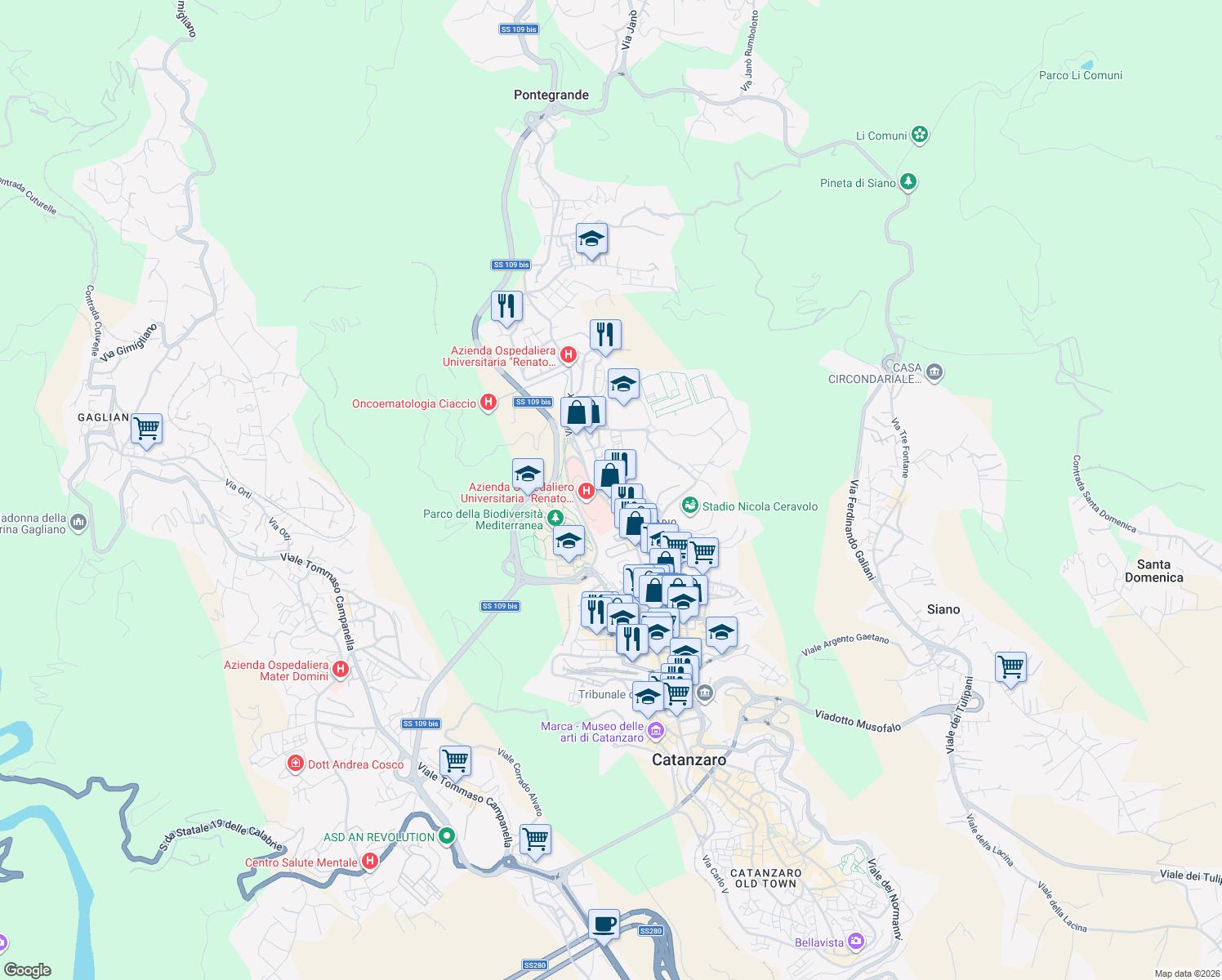 map of restaurants, bars, coffee shops, grocery stores, and more near Via Martiri di Gerace 1847 in Catanzaro