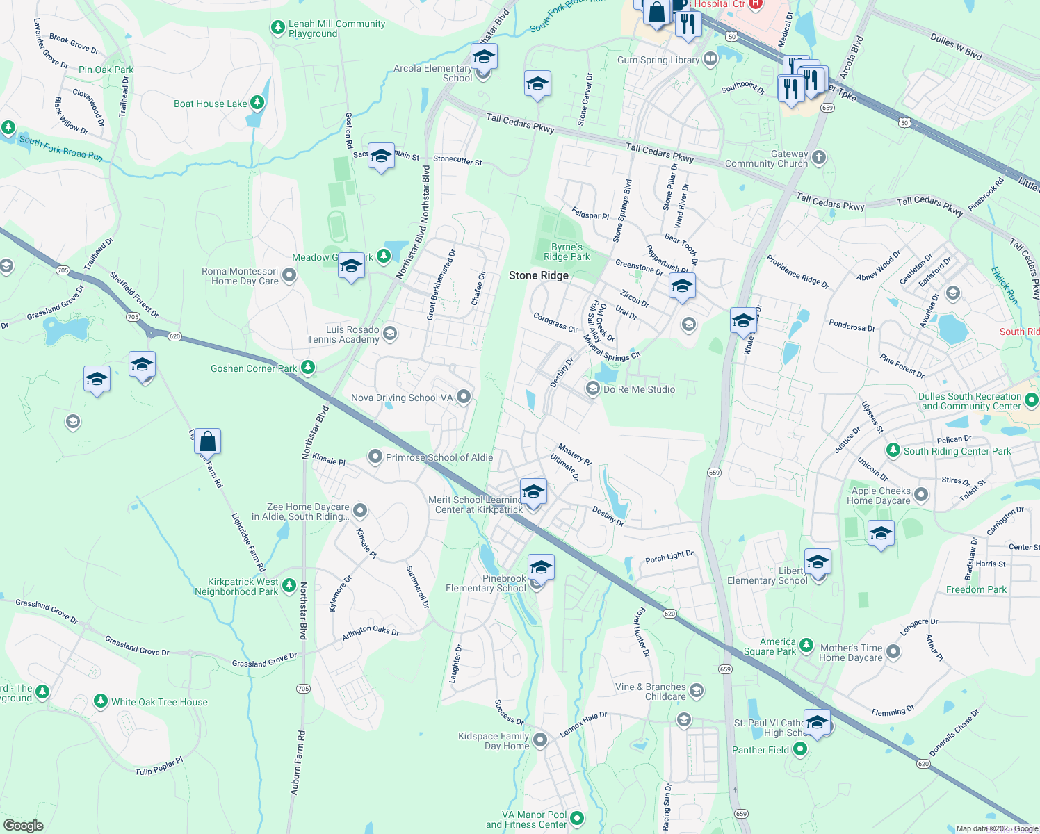 map of restaurants, bars, coffee shops, grocery stores, and more near 25196 Destination Square in Aldie