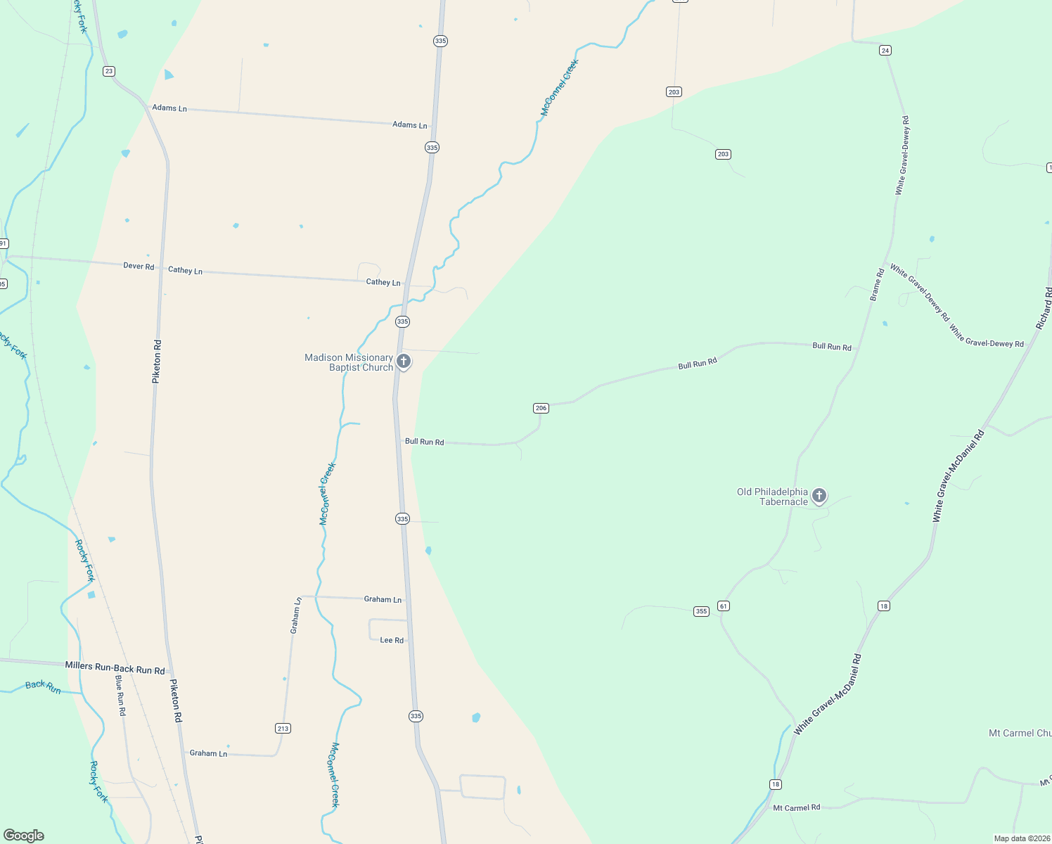 map of restaurants, bars, coffee shops, grocery stores, and more near 564 Bull Run Road in Minford