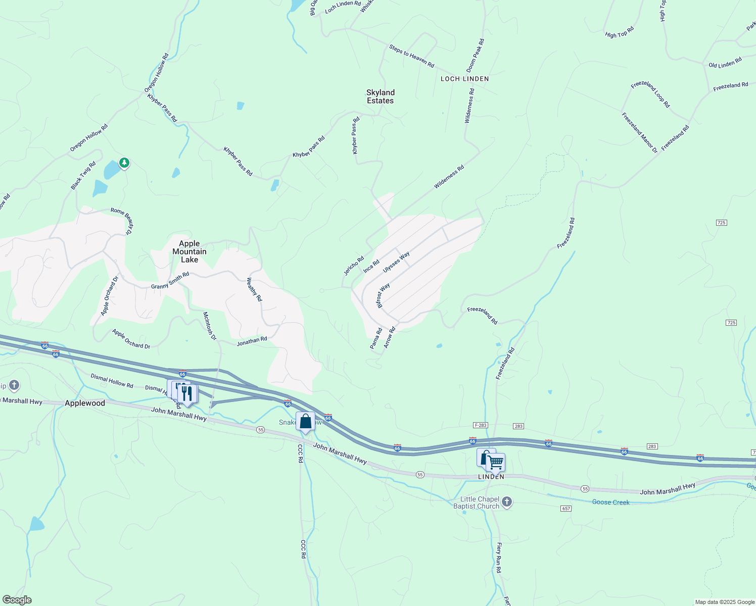 map of restaurants, bars, coffee shops, grocery stores, and more near Bifrost Way in Linden