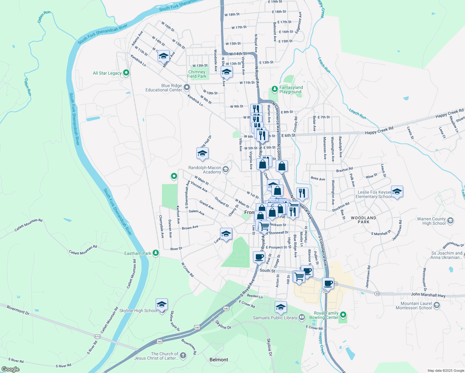 map of restaurants, bars, coffee shops, grocery stores, and more near 212 West 1st Street in Front Royal
