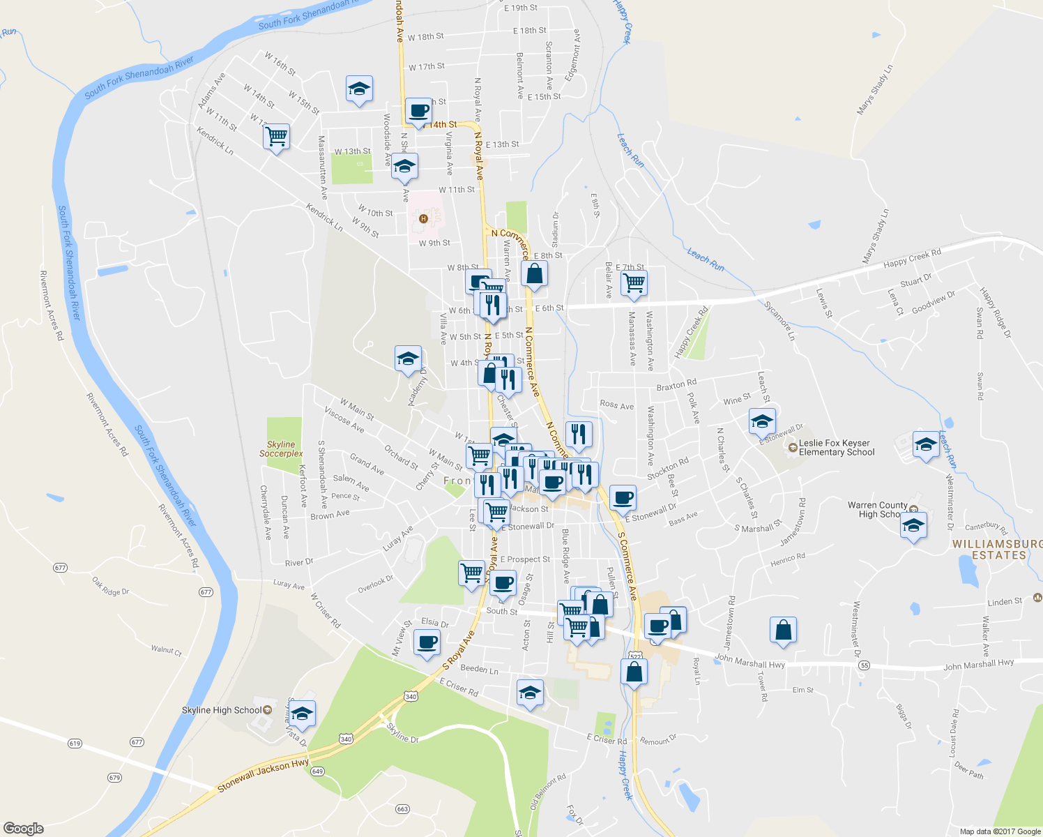 map of restaurants, bars, coffee shops, grocery stores, and more near 113 East 2nd Street in Front Royal