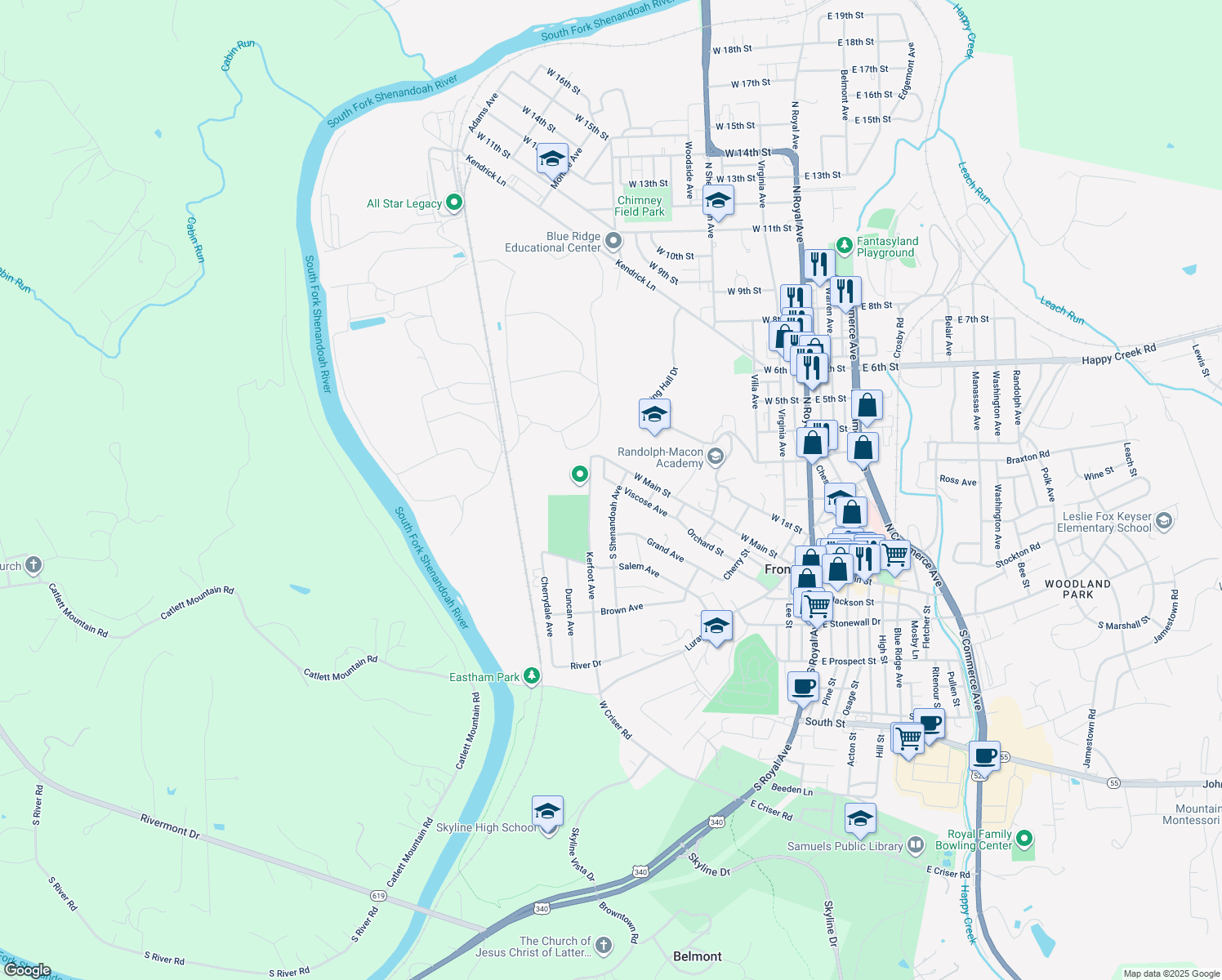 map of restaurants, bars, coffee shops, grocery stores, and more near 105 S Shenandoah Ave in Front Royal