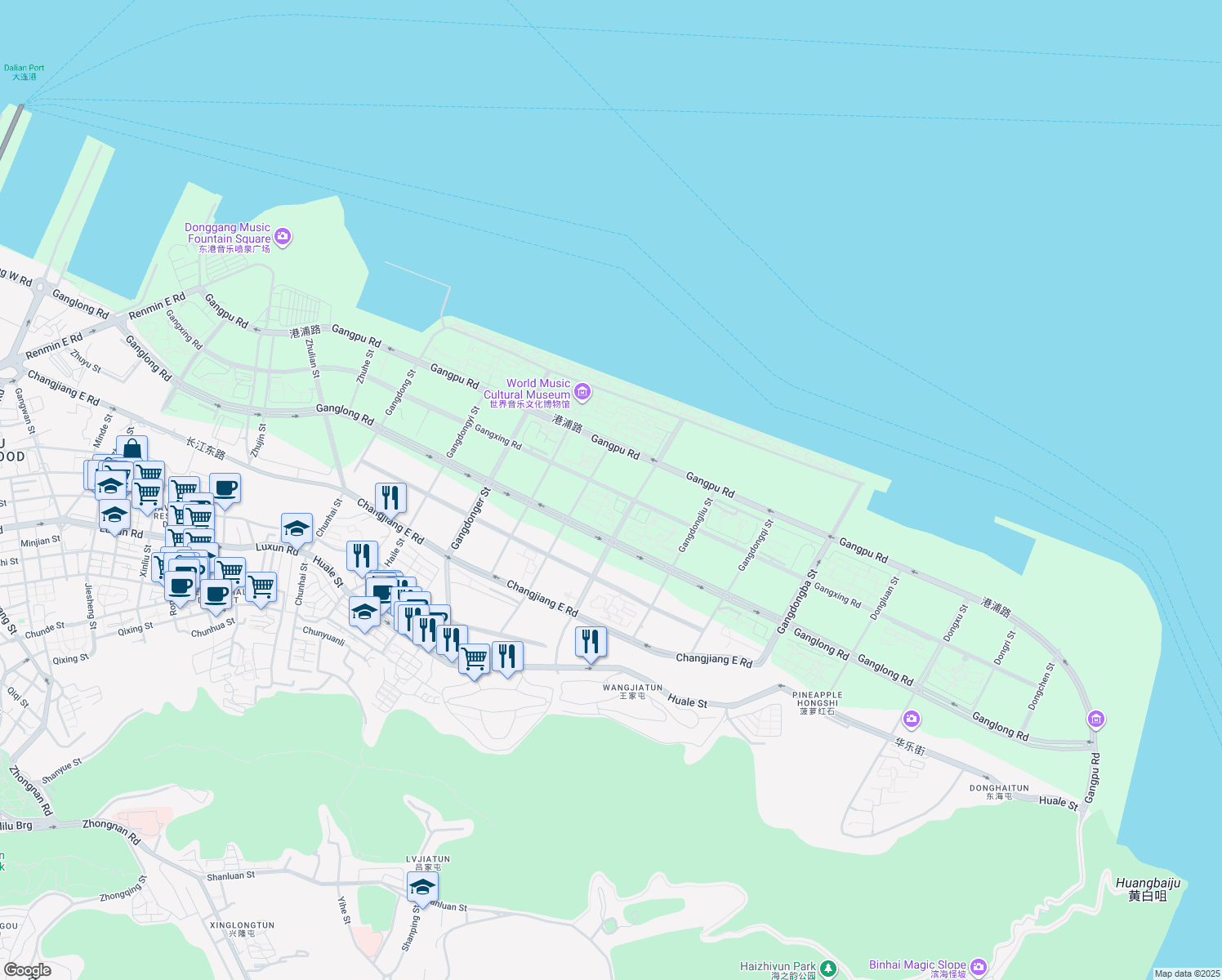 map of restaurants, bars, coffee shops, grocery stores, and more near Gang Xing Lu in Da Lian Shi