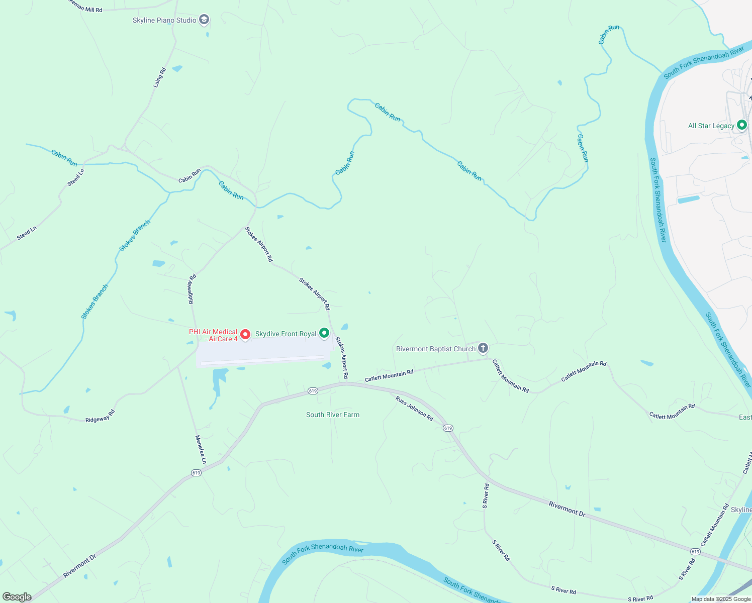 map of restaurants, bars, coffee shops, grocery stores, and more near 404 Stokes Airport Road in Front Royal