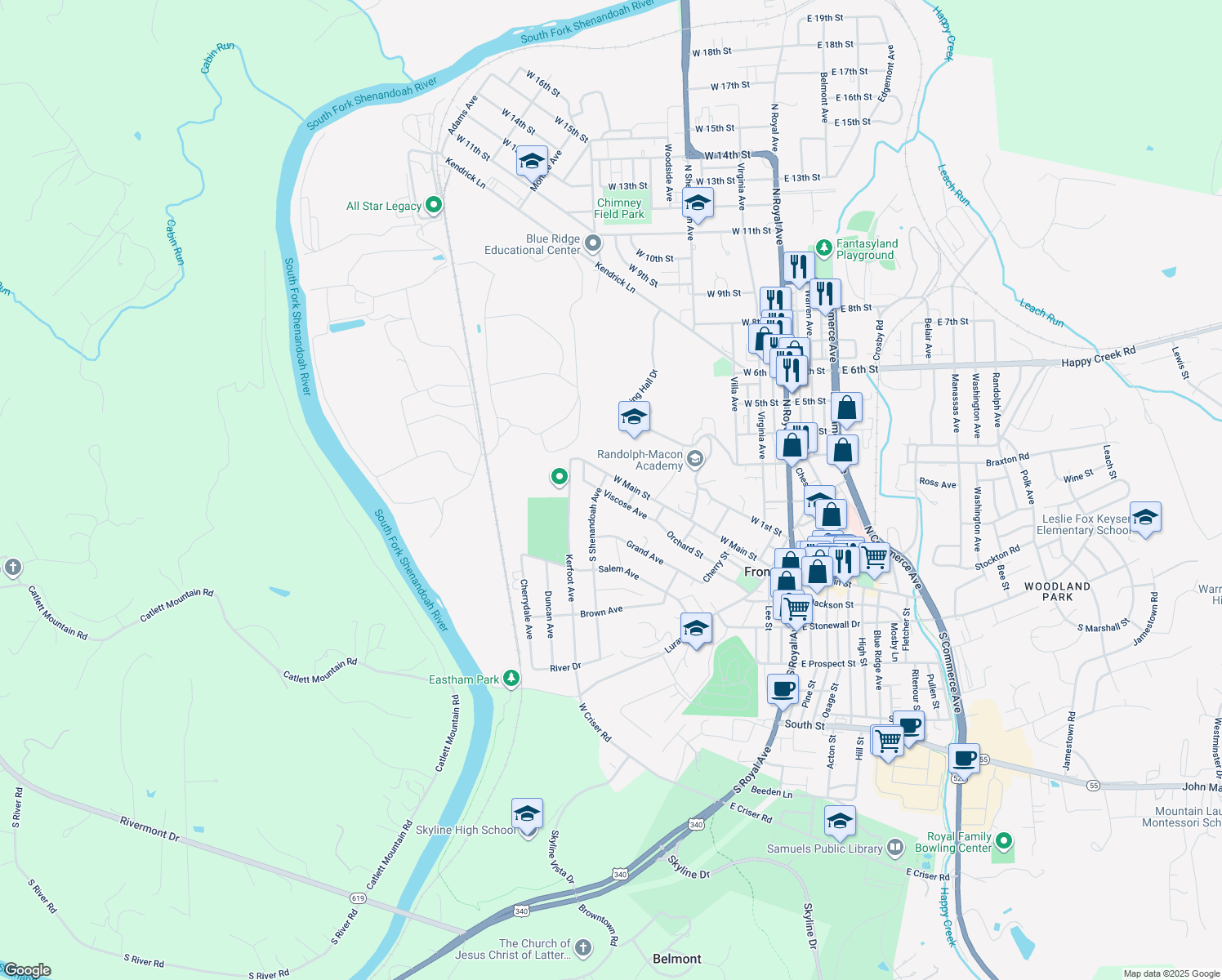 map of restaurants, bars, coffee shops, grocery stores, and more near 517 Viscose Avenue in Front Royal