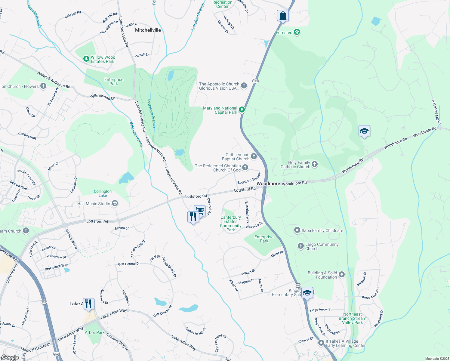 map of restaurants, bars, coffee shops, grocery stores, and more near 11309 Old Lottsford Road in Bowie