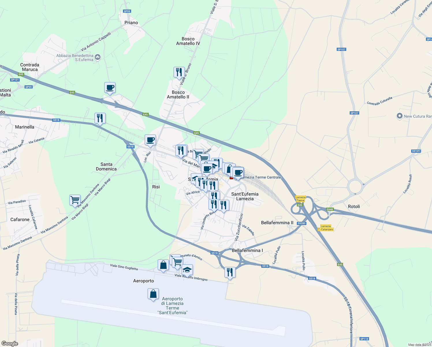 map of restaurants, bars, coffee shops, grocery stores, and more near 43 Via del Mare in Santa Eufemia Lamezia