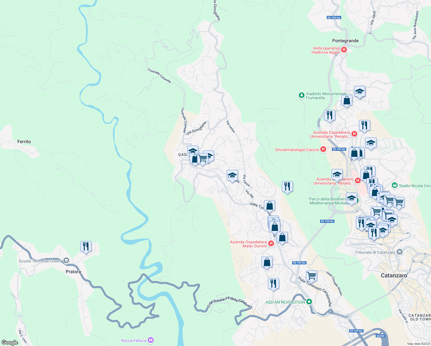 map of restaurants, bars, coffee shops, grocery stores, and more near 21-25 Via Enrico de Seta in Catanzaro