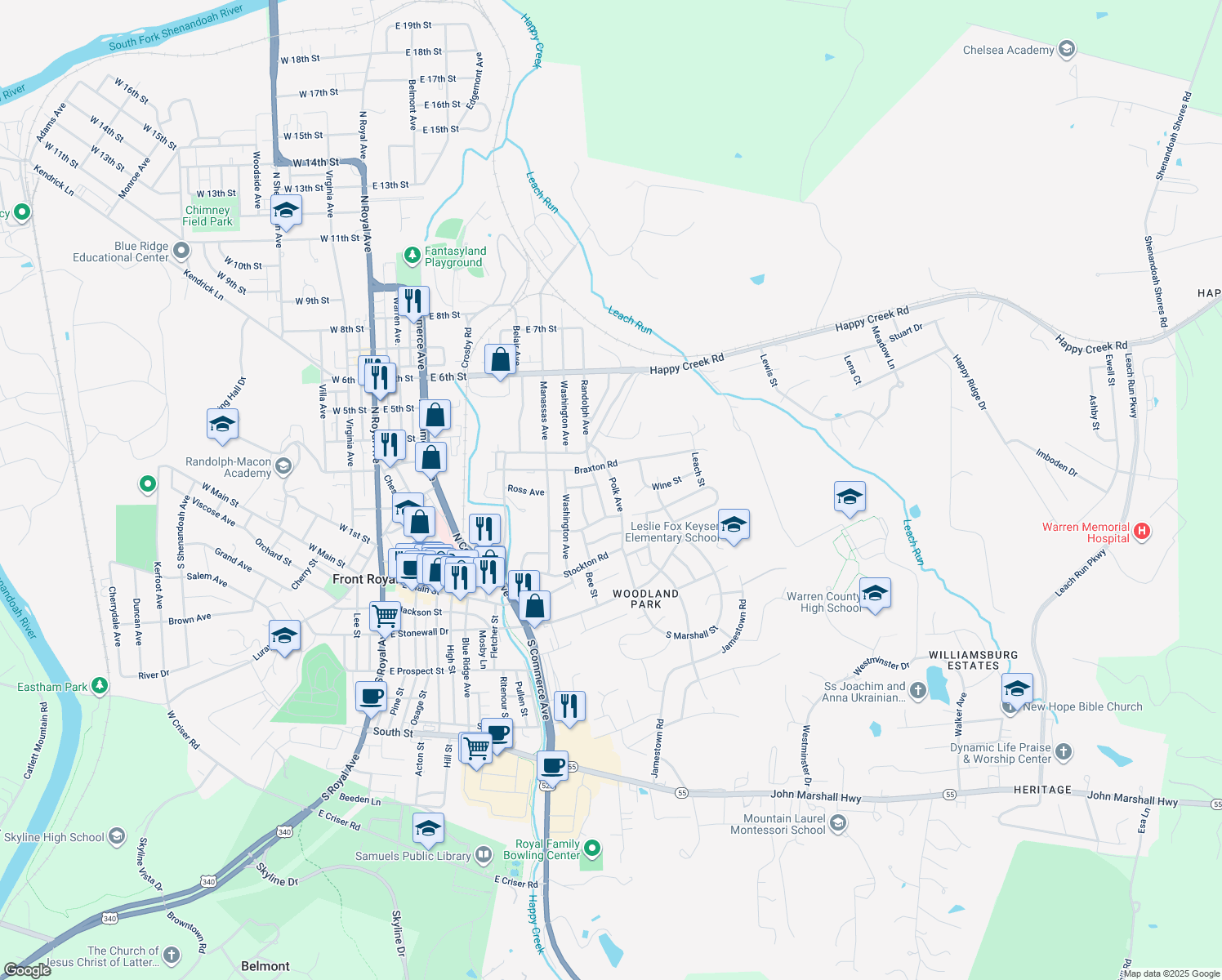 map of restaurants, bars, coffee shops, grocery stores, and more near 222 Polk Avenue in Front Royal