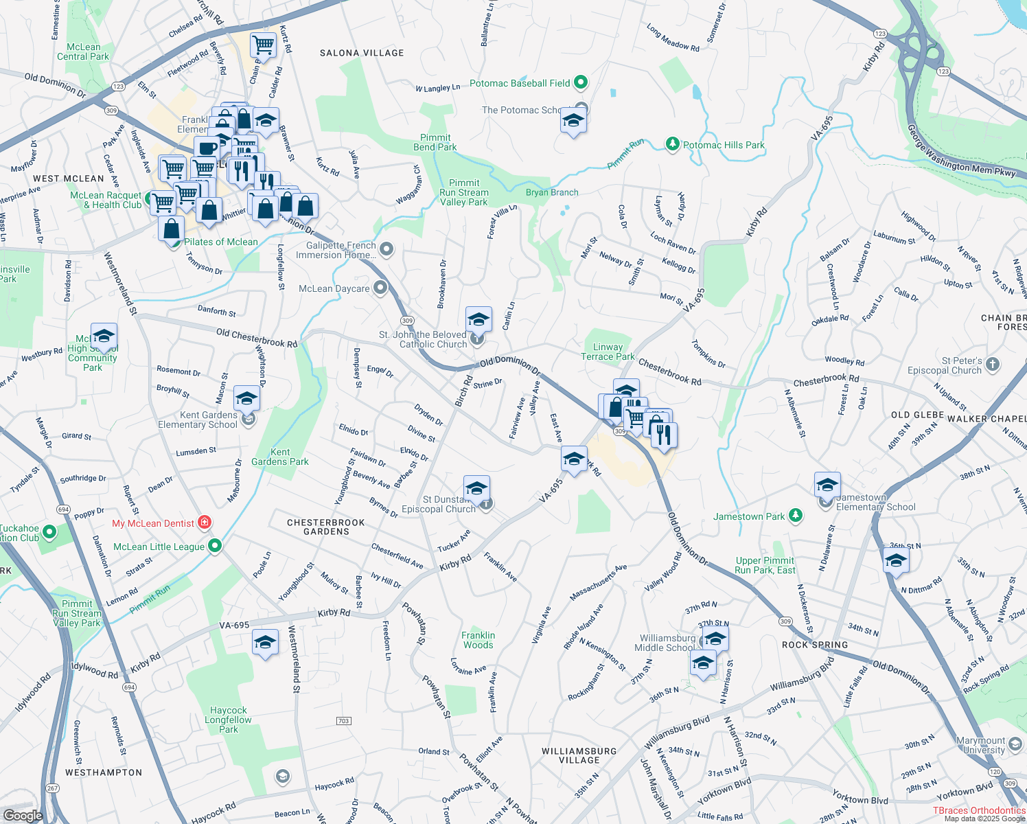 map of restaurants, bars, coffee shops, grocery stores, and more near 1718 Fairview Avenue in McLean