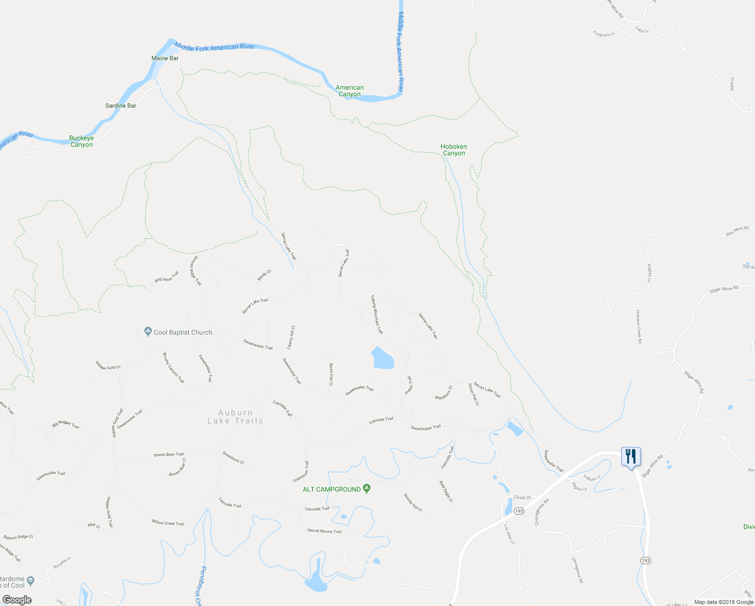 map of restaurants, bars, coffee shops, grocery stores, and more near 3184 Secret Lake Trail in Cool