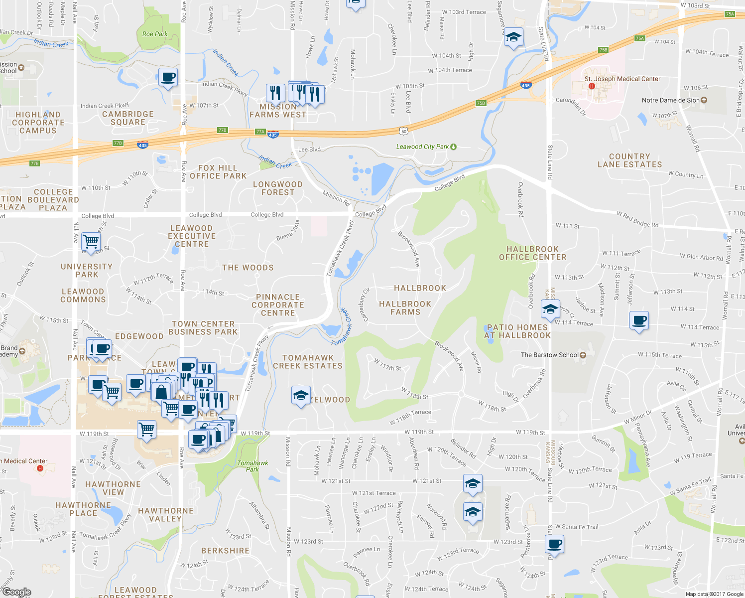 map of restaurants, bars, coffee shops, grocery stores, and more near 11435 Manor Road in Leawood