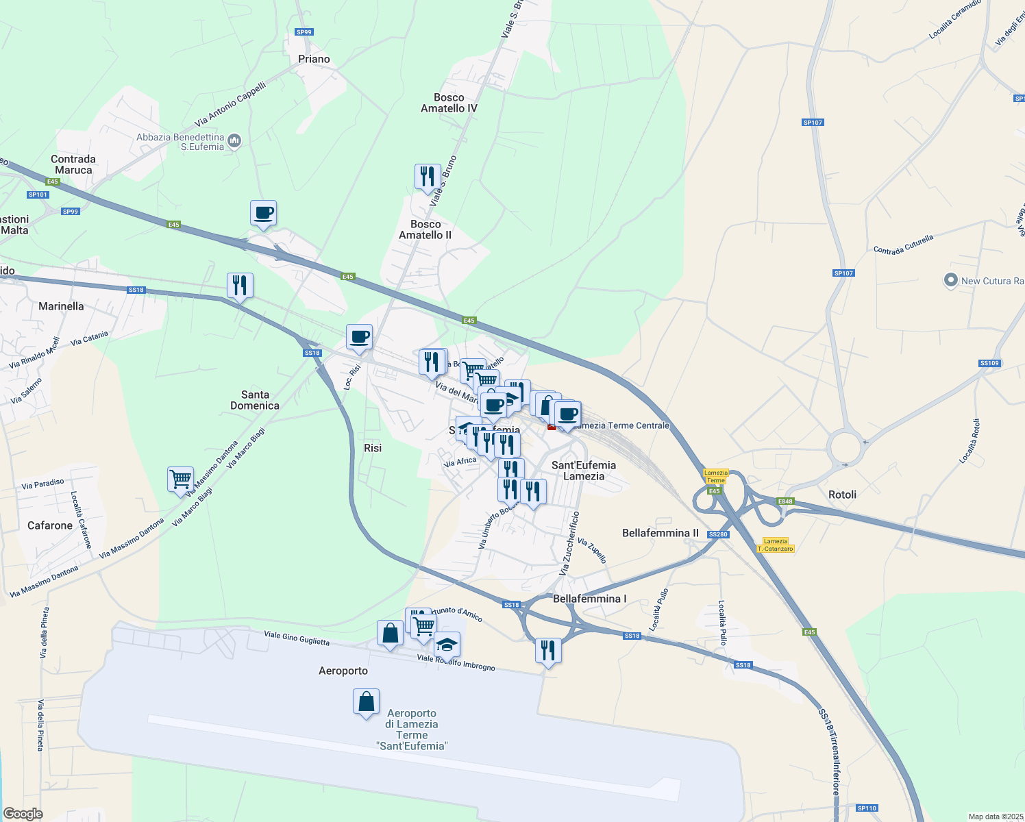 map of restaurants, bars, coffee shops, grocery stores, and more near 43 Via del Mare in Santa Eufemia Lamezia