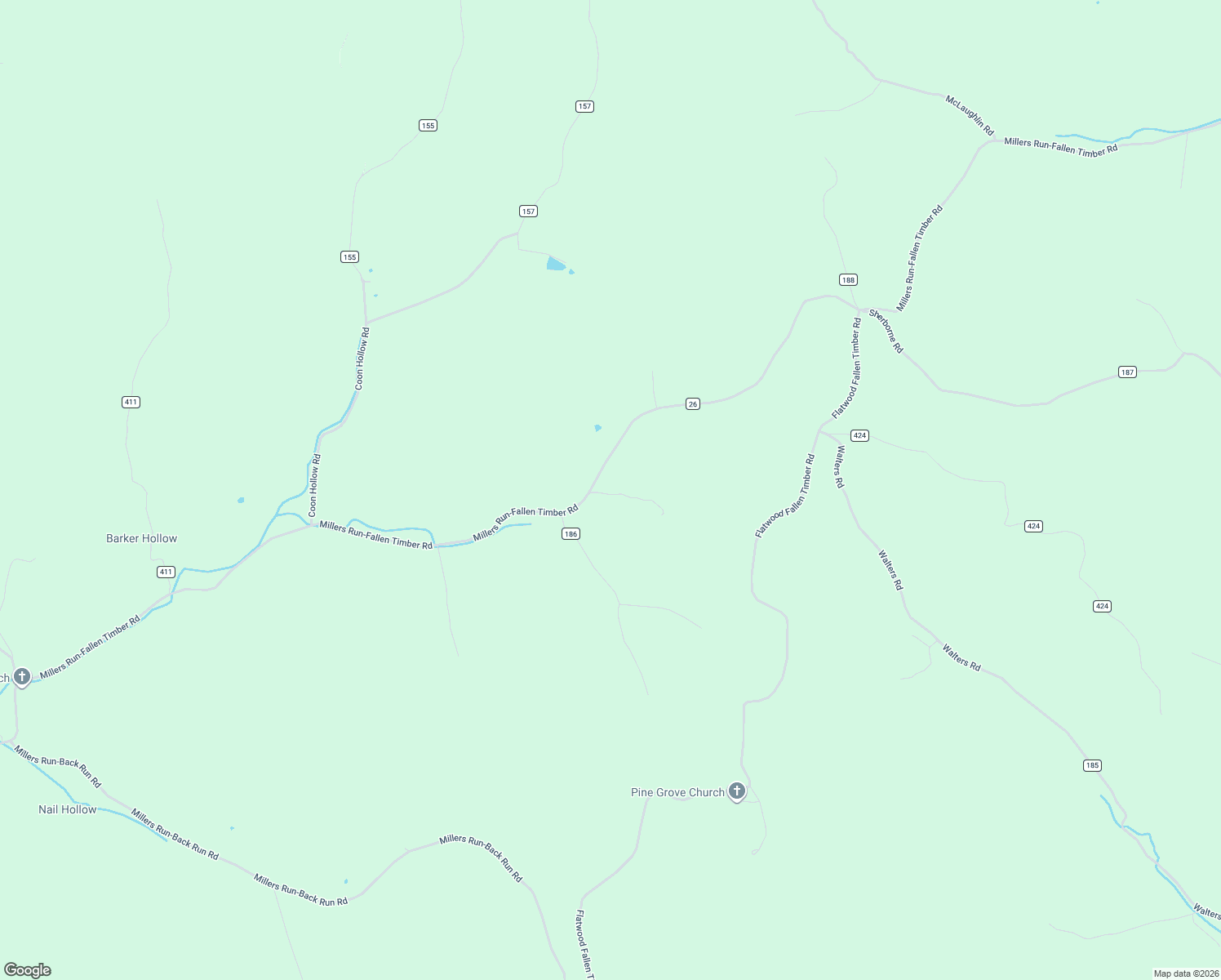 map of restaurants, bars, coffee shops, grocery stores, and more near 3396 Millers Run-Fallen Timber Road in Minford