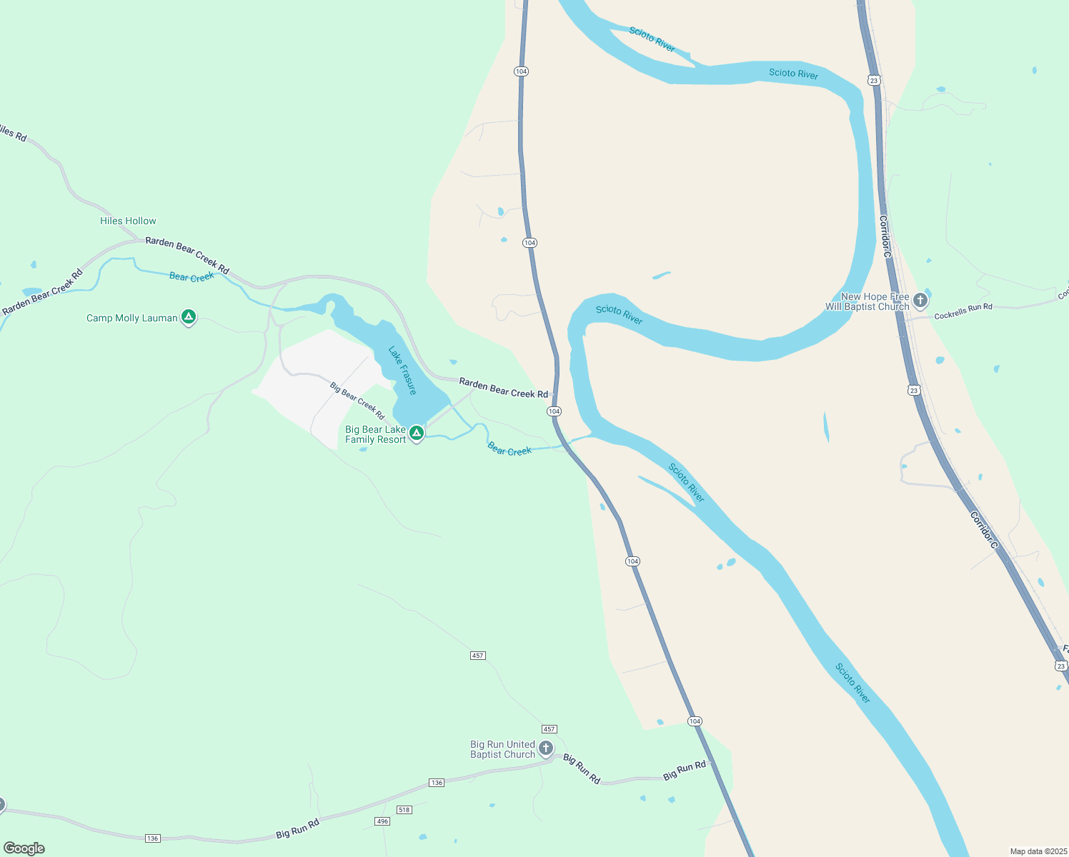 map of restaurants, bars, coffee shops, grocery stores, and more near 10039 Big Bear Creek Road in Lucasville