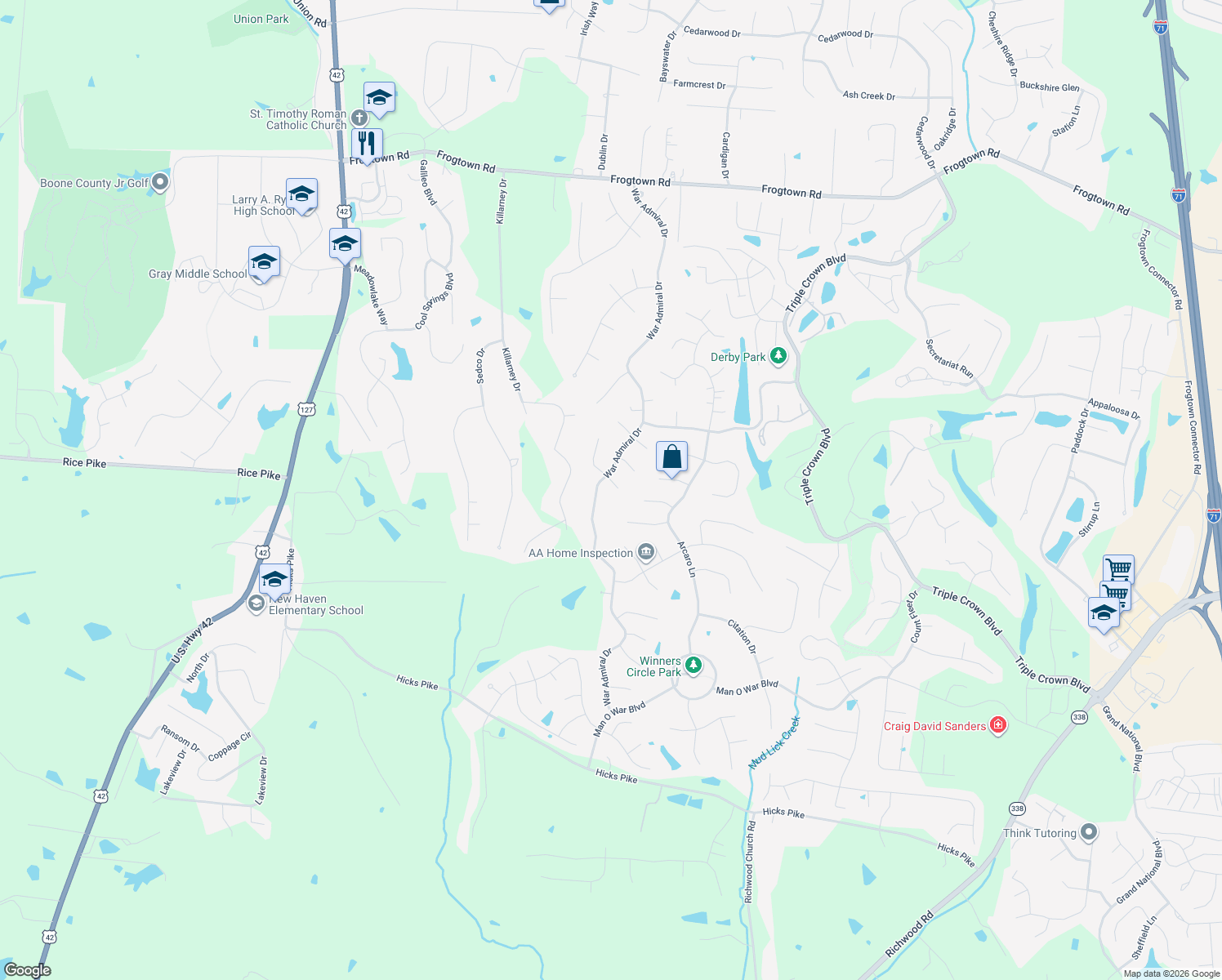 map of restaurants, bars, coffee shops, grocery stores, and more near 1149 Brushup Ln in Union