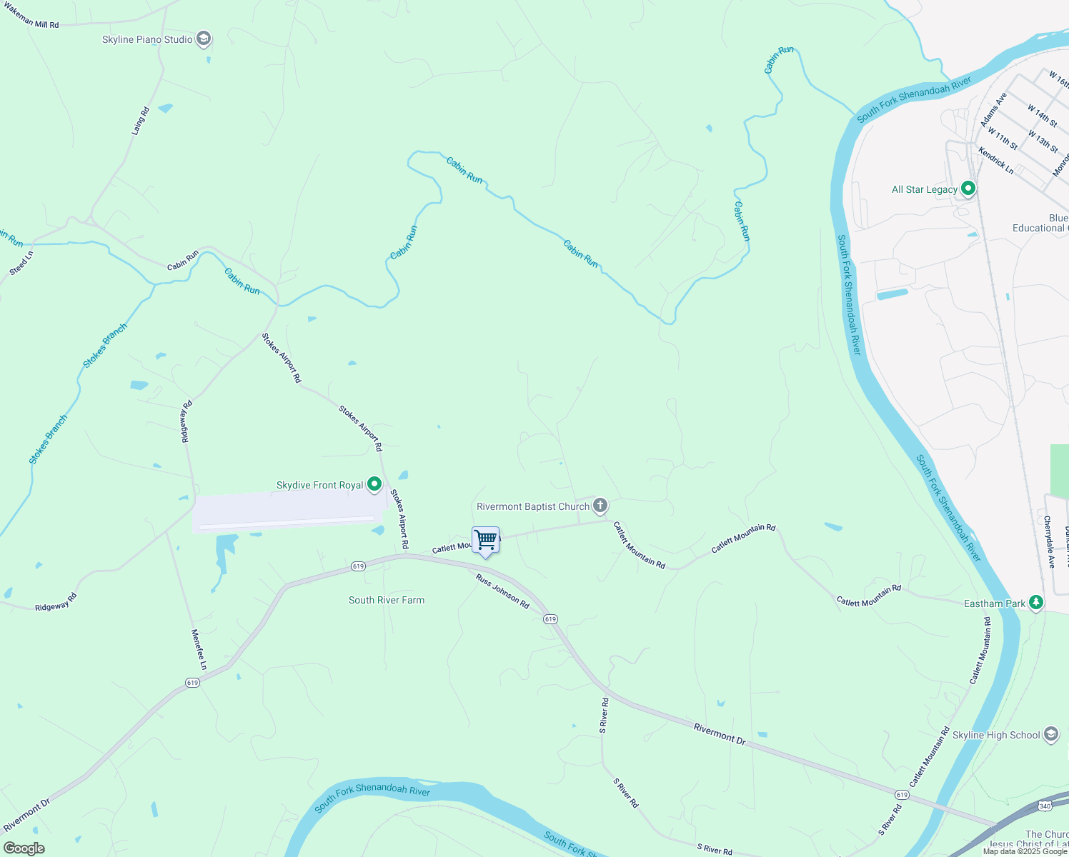 map of restaurants, bars, coffee shops, grocery stores, and more near 57 Hugh Henry Lane in Front Royal