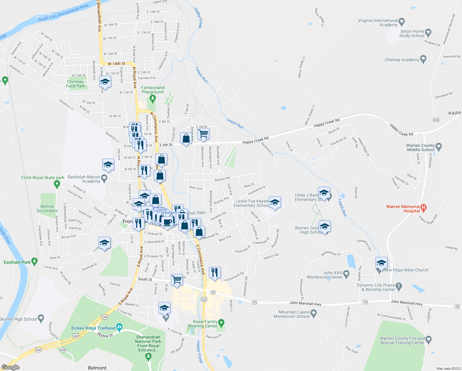 map of restaurants, bars, coffee shops, grocery stores, and more near 223 Polk Ave in Front Royal