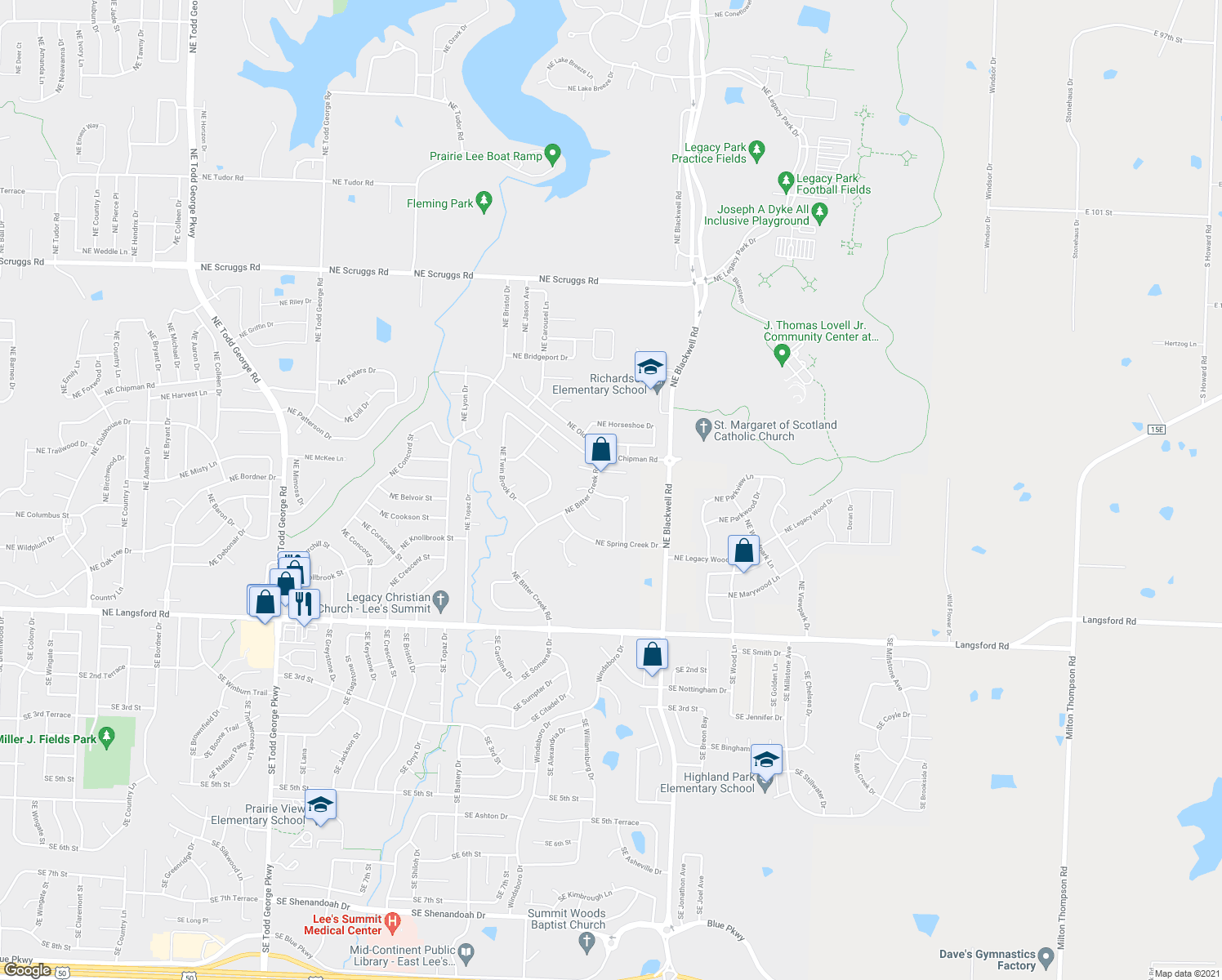 map of restaurants, bars, coffee shops, grocery stores, and more near 2508 Northeast Angel Fish Place in Lee's Summit