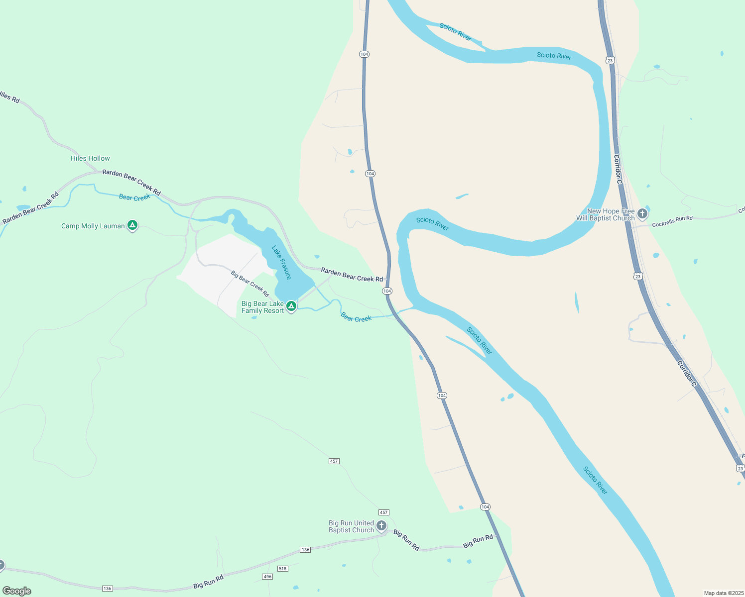 map of restaurants, bars, coffee shops, grocery stores, and more near 10039 Big Bear Creek Road in Lucasville