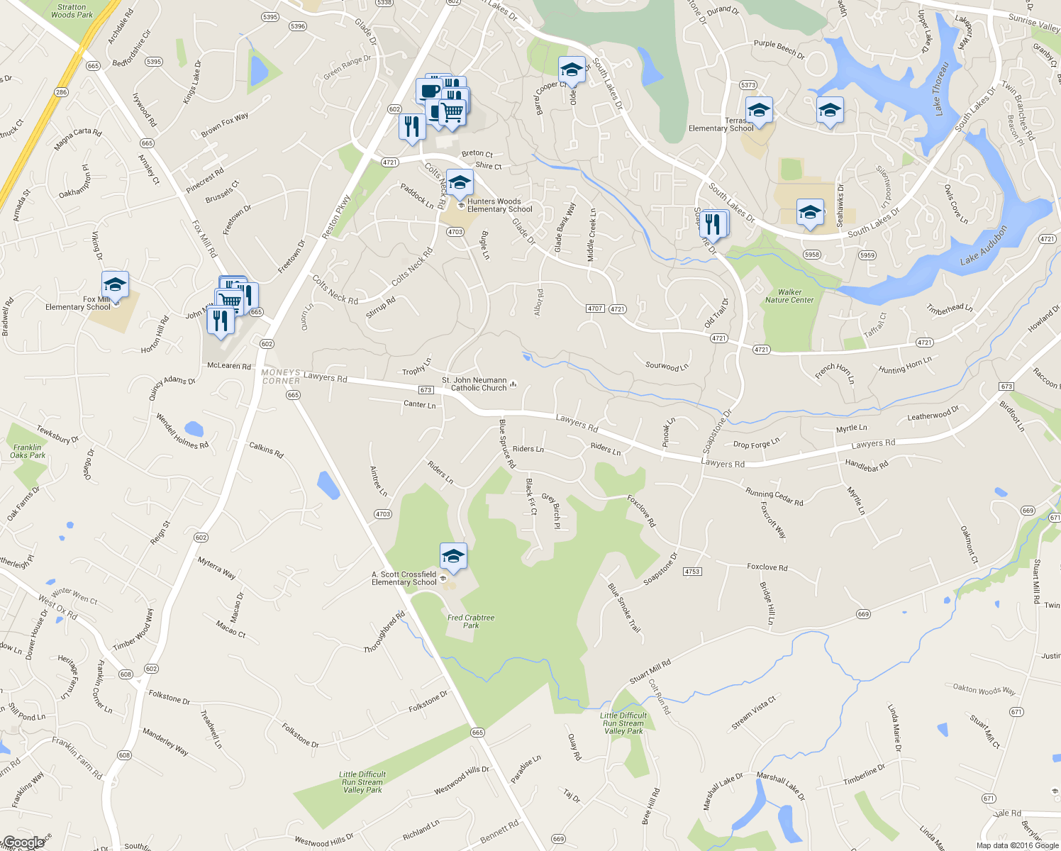 map of restaurants, bars, coffee shops, grocery stores, and more near 2523 Heath Place in Reston