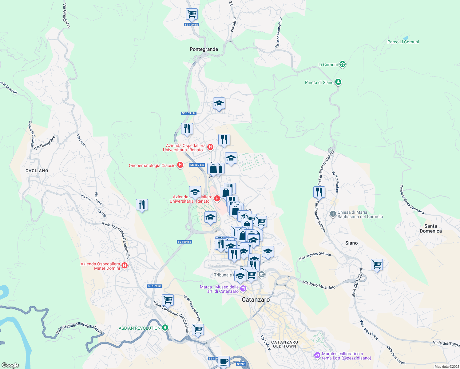 map of restaurants, bars, coffee shops, grocery stores, and more near 7 Via San Brunone di Colonia in Catanzaro