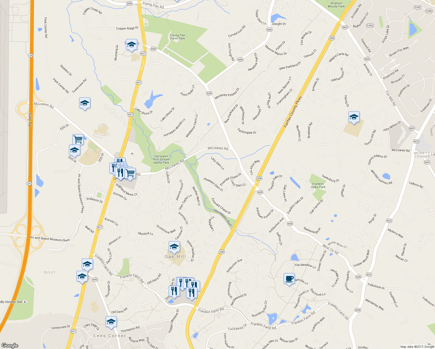 map of restaurants, bars, coffee shops, grocery stores, and more near 2908 Robin Glen Court in Herndon
