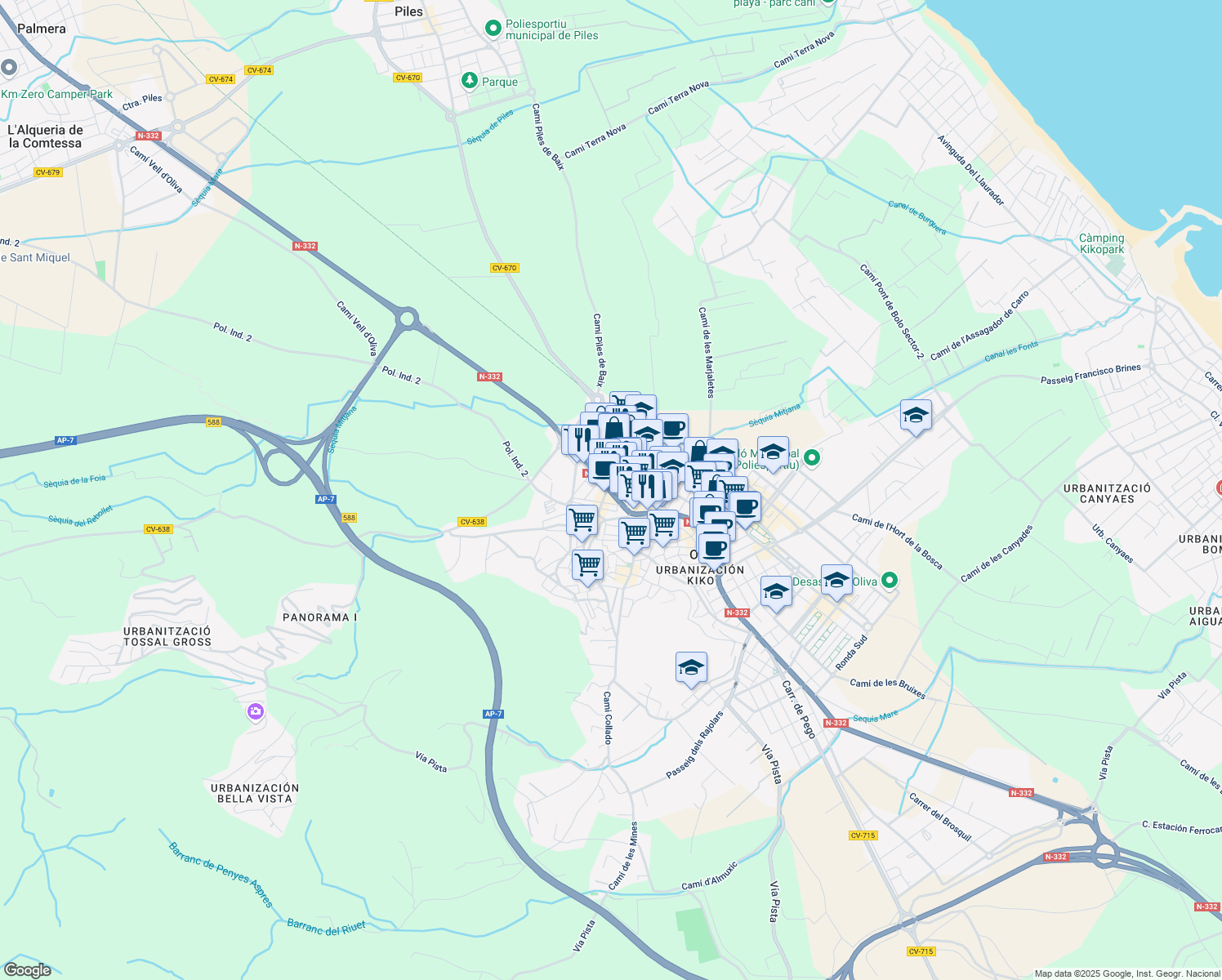 map of restaurants, bars, coffee shops, grocery stores, and more near 16 Carretera de Gandia in Oliva