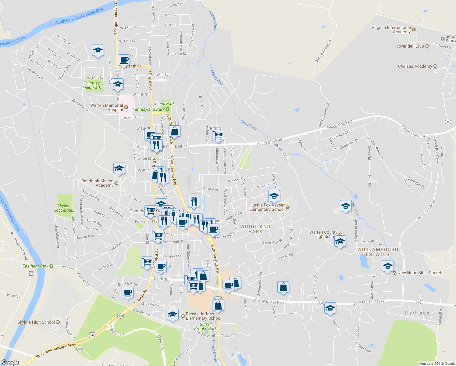 map of restaurants, bars, coffee shops, grocery stores, and more near 703 Braxton Road in Front Royal